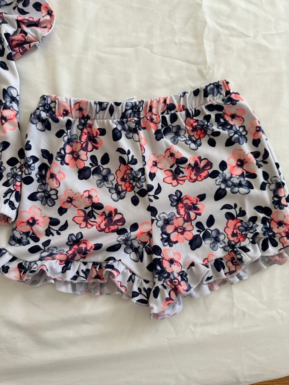 Little Lass White Tank & Ruffle Shorts Set with Pink and Navy Floral Print - Picture 3 of 9